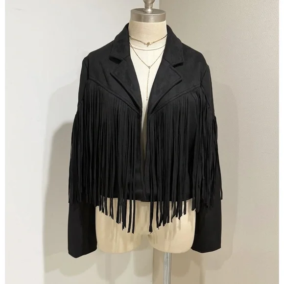 REVEROF Women's Black Faux Suede Leather Fringe Jacket Size L Western Cow Girl - Picture 3 of 10